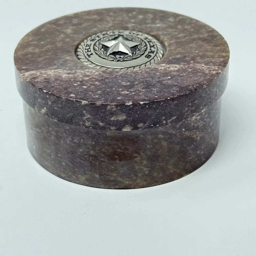 The State Of Texas Marble Granite Trinket Keepsake Gift Box Vtg Metal Emblem